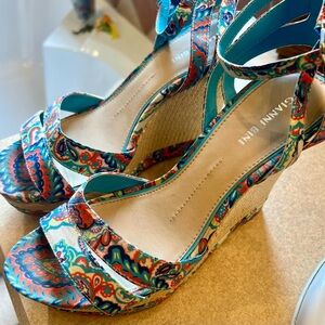 Gianni Bini Blue Paisley Floral Platform 4" Wedge Ankle Strap Women’s Size 9.5